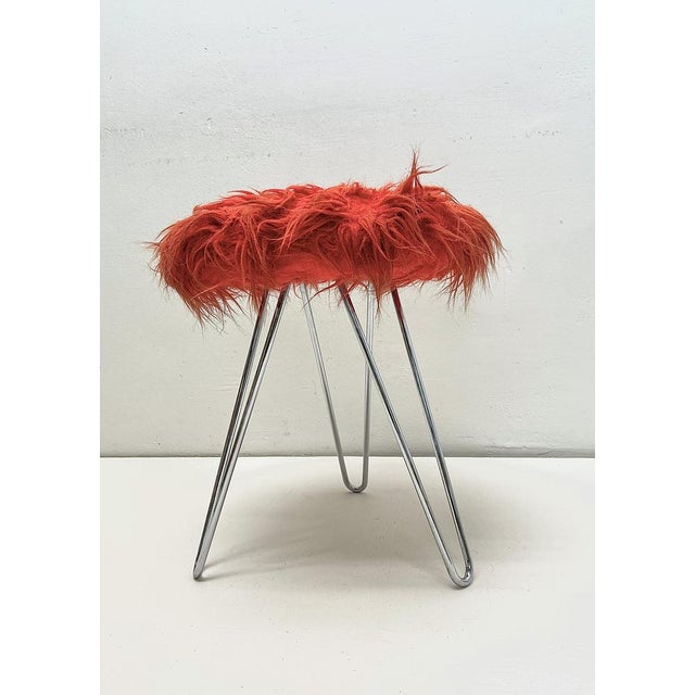 1960s Tripod Fluffy Stool on Chromed Steel Hairpin Legs, 1950s For Sale - Image 5 of 12