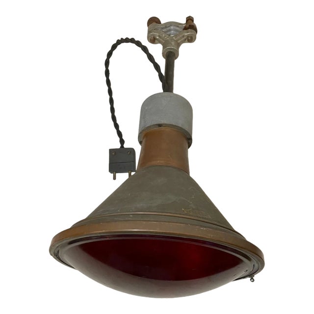 1920s Rare Large Major Equipment Co. Industrial Red Glass Brass Flood Lamp Light For Sale