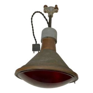 1920s Rare Large Major Equipment Co. Industrial Red Glass Brass Flood Lamp Light