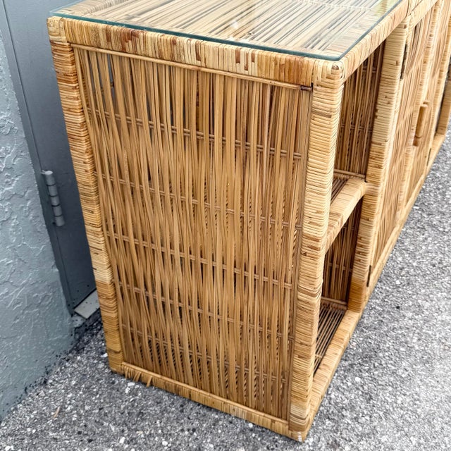 Boho Chic Wicker Wrapped Credenza With Glass Top For Sale In West Palm - Image 6 of 8