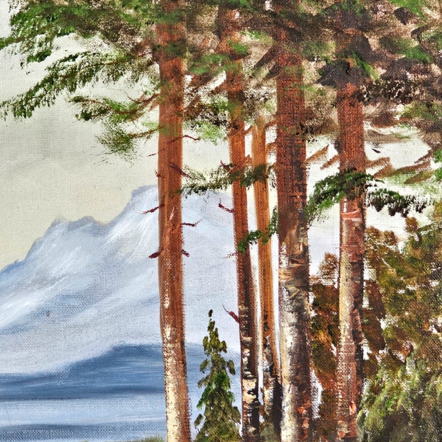 Brown Vintage Framed Landscape Oil Painting With Carved Wood Frame, Mountain Lake Scene, 23.5" For Sale - Image 8 of 9