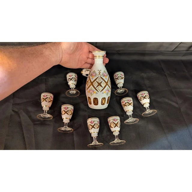1960s Bohemian Glass Decanter and 8 Cordials- 9 Pieces For Sale - Image 4 of 7