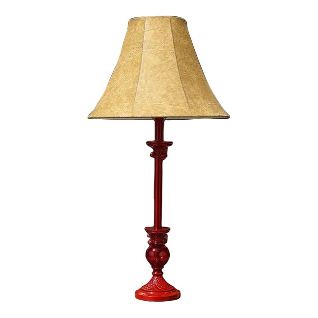 Vintage Style Red Table Lamp With Beige Fabric Shade For Sale