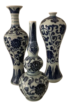 Blue & White Porcelain Floral Chinoiserie Vases Set of 3