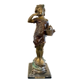 Antique French Bronze Sculpture “Girl With Basket” by A. Moreau For Sale