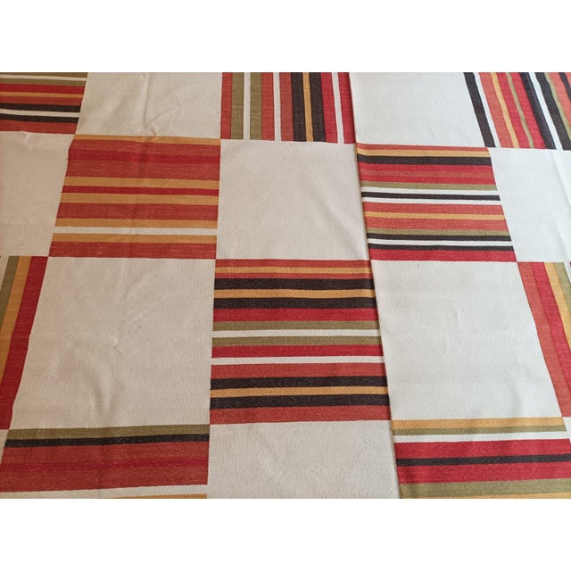 Handmade Cotton Tile Patterned Striped Rug, Cream, Red, Green and Mustard Dhurrie- 10'x10' For Sale - Image 12 of 18