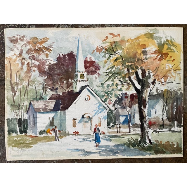 Impressionist 1970s Franklin Reed Jones Village Church Watercolor For Sale - Image 3 of 3
