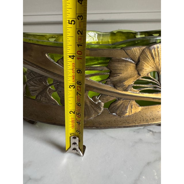 Vintage Art Nouveau Centerpiece Bowl With Green Glass Insert and Flowing Lines & Ginkgo Leaf Motifs 18.75"x9.5"x4.25" For Sale - Image 13 of 13