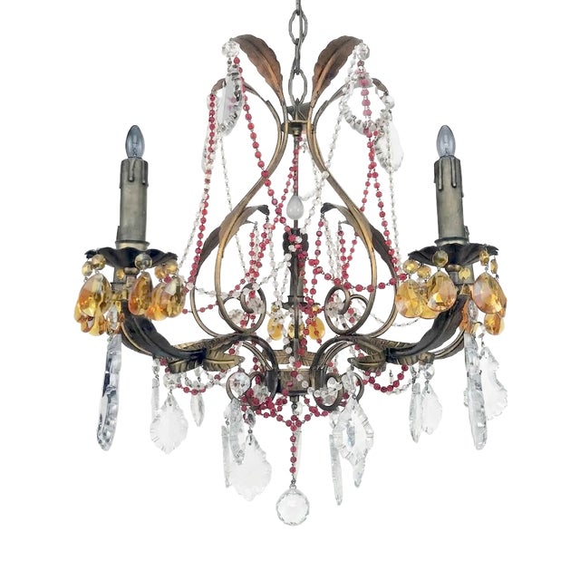 Antique Chandelier with Red Crystals For Sale