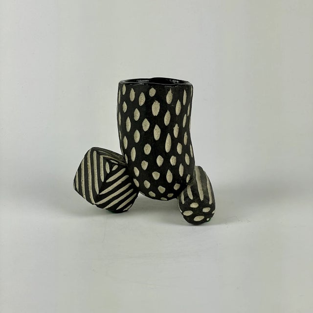 1990s Unusual Oval Shaped Pottery Vase With Geometric Forms in B/W Dots & Stripes Pattern For Sale - Image 9 of 9