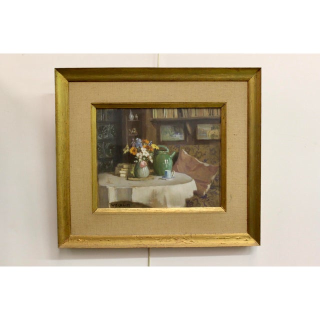 Gouache on cardboard representing an interior, table top with jug and bouquet, signed lower left Wegelin, dimension...