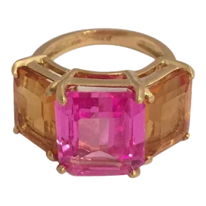 18k Yellow Gold Three Stone Emerald Cut Ring with Citrine and Pink Topaz
