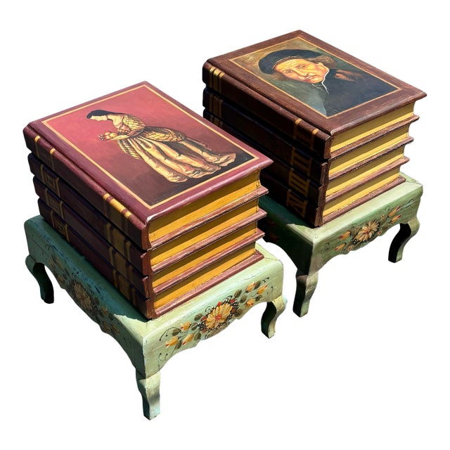 Pair of Vintage Faux Book Storage End Tables, Hollywood Regency Coastal For Sale