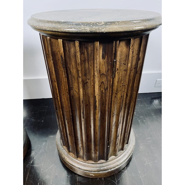 Vintage Neoclassical Style Marble Top Wooden Pedestal Side Tables—A Pair For Sale - Image 4 of 14