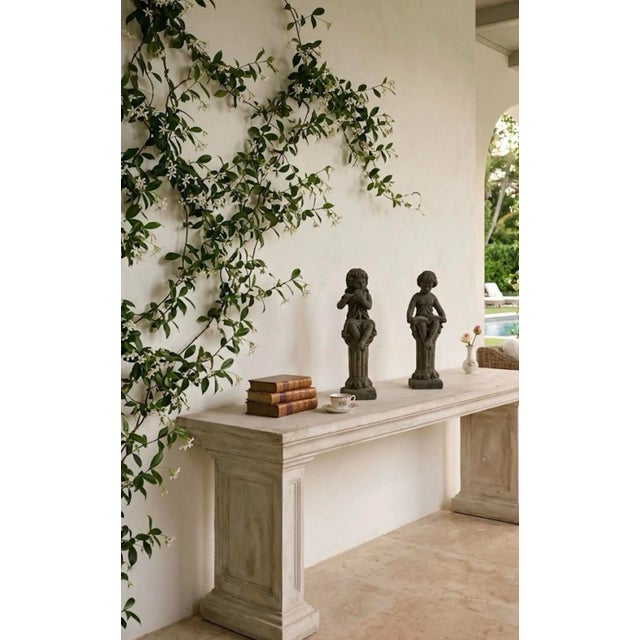 Neoclassical Pair of Vintage European Style Cast Iron Seated Putti Statues on Fluted Pedestals For Sale - Image 3 of 12