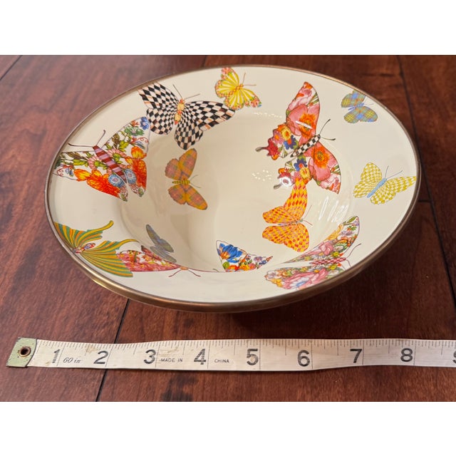 Mackenzie Childs MacKenzie-Childs Butterfly Enamel Metal Dish With Gold Rim For Sale - Image 4 of 10
