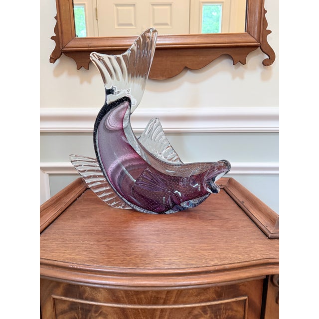 Italian Vintage Murano Art Glass Leaping Fish Sculpture — Amethyst Sommerso With Bullicante, Mid-Century Italian For Sale - Image 3 of 3