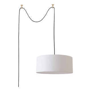 Stretch Swag Lamp - Weathered Brass Steel, White Linen Drum Shade, Inline Dimmer For Sale