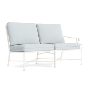 Brown Jordan Venetian Right Arm Loveseat in Chalk with Artic Stripe Cushions For Sale