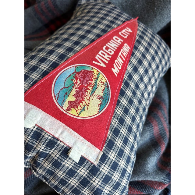 Description: Vintage Virginia City, Montana Pennant from around the 1960s. Unknown Date. New navy plaid woven cotton...