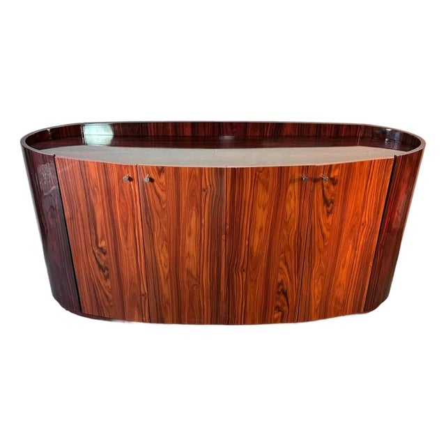 Vintage Rosewood Credenza | Mid-Century Modern Curved End Sideboard With Chrome Pulls | Danish Modern Polished Wood Storage Cabinet For Sale