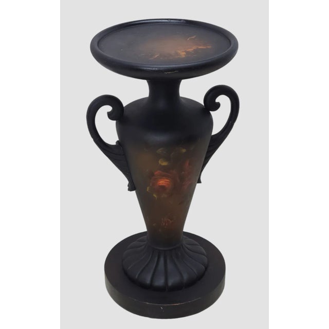 Victorian Antique Regency Neclassical Urn Form Hand Painted Romantic Roses Carved Wood Plant Stand For Sale - Image 3 of 7