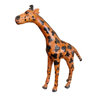 Hand-Carved Painted Wooden Giraffe Sculpture With Black Markings. For Sale