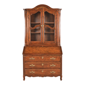 Baker Furniture French Provincial Louis XV Carved Walnut Drop Front Secretary Desk With Bookcase Hutch