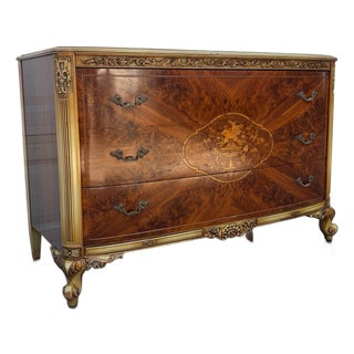 Mid 20th Century French Provincial Dresser | Hollywood Regency Burl Walnut Marquetry & Gilt Bombe Chest For Sale