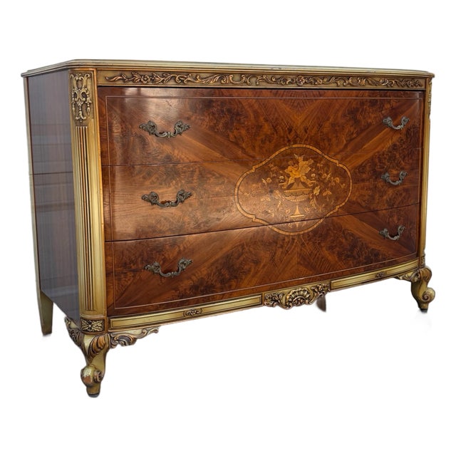 Mid 20th Century French Provincial Dresser | Hollywood Regency Burl Walnut Marquetry & Gilt Bombe Chest For Sale