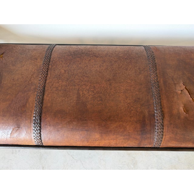 1970s Vintage Rustic Wrought Iron & Leather Scroll Bench For Sale - Image 5 of 16