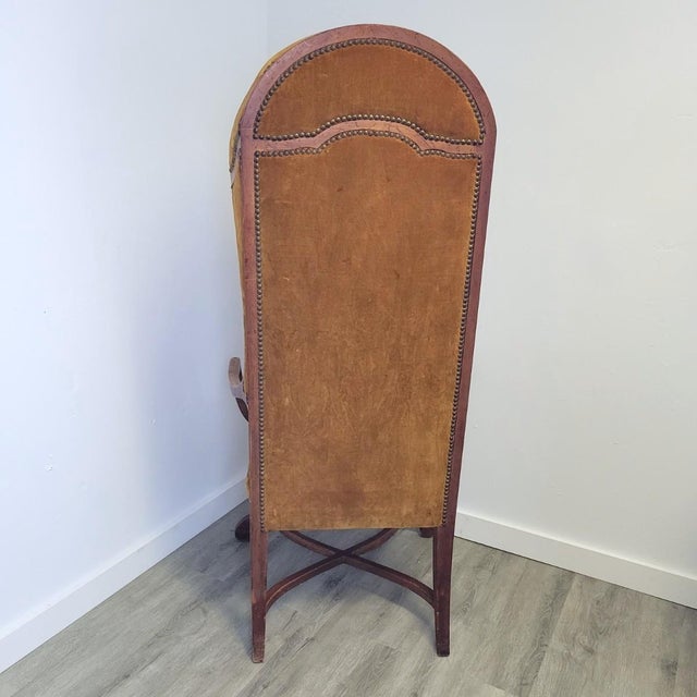 Wood 1970s French Revival Porter’s Canopy Chair in Fruitwood and Ochre Velvet For Sale - Image 7 of 11