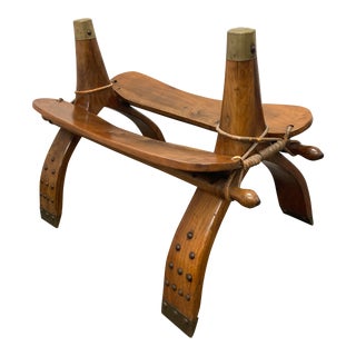 Vintage Wood and Brass Camel Saddle Stool, 1960’s For Sale