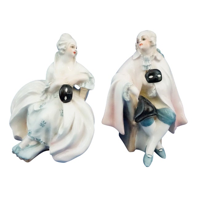 20th Century Stoneware Ceramic Couple of Lady and Dandy with Venetian Masks by Guido Cacciapuoti, Italy, Set of 2 For Sale
