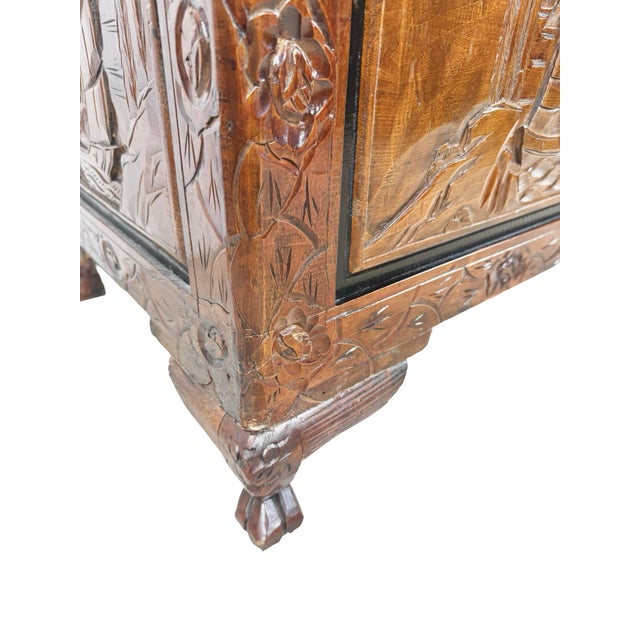 Vintage Asian Carved Wood Storage Chest With Figural Relief Panels For Sale - Image 10 of 18