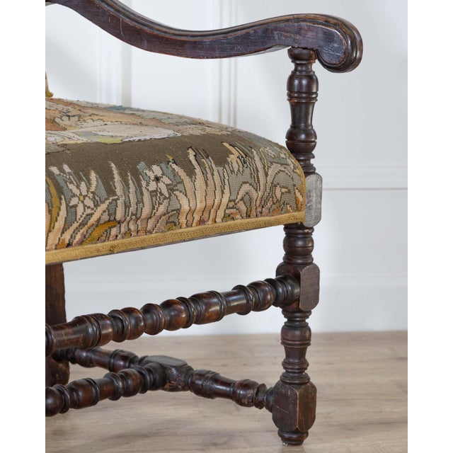 17th Century 17th-Century French Baroque Walnut Spool Armchair with Petit Point Tapestry For Sale - Image 5 of 15