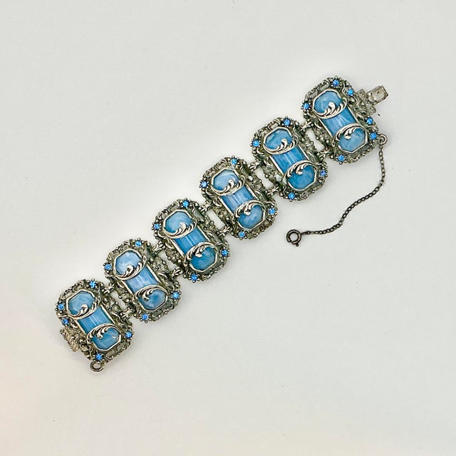 1920s Antique Art Deco Art Nouveau Blue Glass & Silver Tone Clasp Cuff Bracelet, 7” For Sale - Image 4 of 13