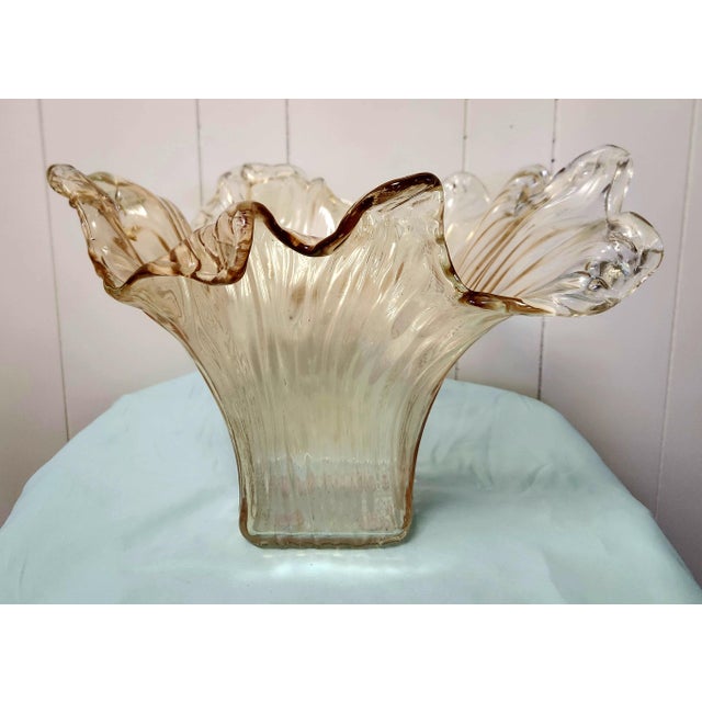 large Murano glass vase from Italy, soft amber color, extreme flare design with thick glass, richly textured, square base,...