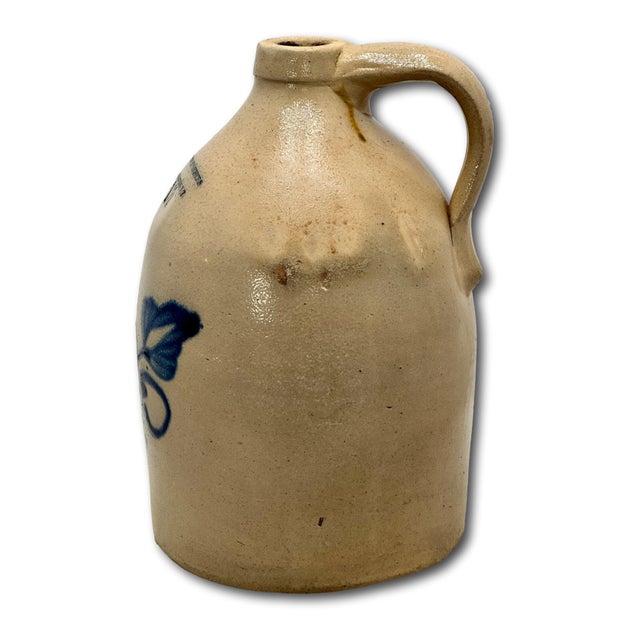 Excellent & Unsusal 1 1/2 Gallon Size Antique American Blue Flower Decorated Stoneware Jug From Vermont Circa 1870s For Sale - Image 11 of 18