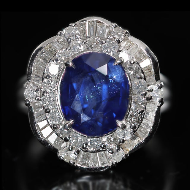 Blue Gia Certified 4.15 Carat Oval Thai Sapphire & Diamond in Platinum Vintage Ring, Size 7 For Sale - Image 8 of 10