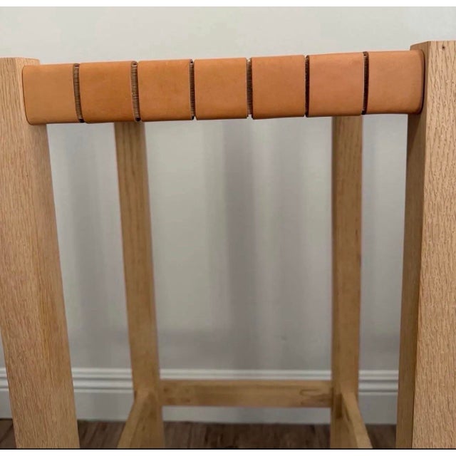 Early 21st Century Pair of Oak and Woven Leather Bar Stools For Sale - Image 5 of 8