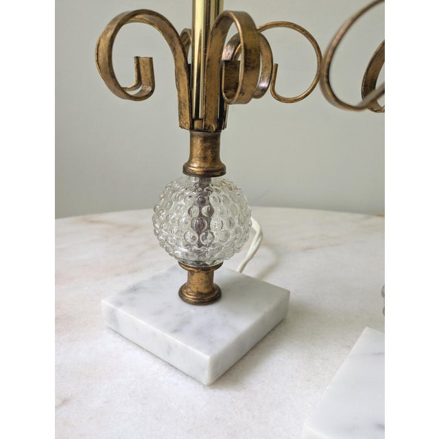 Metal Vintage Marble & Hobnail Glass Vanity Table Lamps, a Pair For Sale - Image 7 of 9