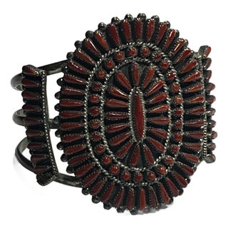 1950s Native American Zuni, Mediterranean Coral Sterling Silver Cluster Cuff For Sale