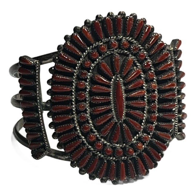 1950s Native American Zuni, Mediterranean Coral Sterling Silver Cluster Cuff For Sale