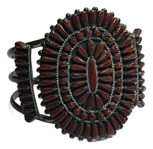 1950s Native American Zuni, Mediterranean Coral Sterling Silver Cluster Cuff