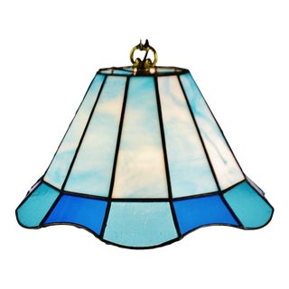 Vintage Tiffany Style Blue Leaded Glass Stained Glass Pendant Light For Sale