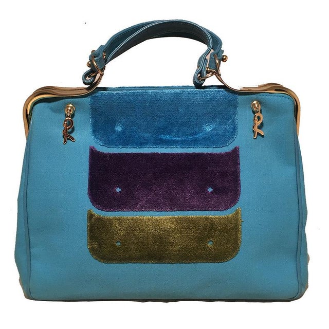 Contemporary Late 20th Century Roberta DI Camerino Blue Linen Handbag For Sale - Image 3 of 8