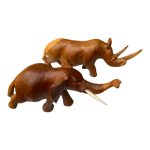 Handrafted Mid-Century Wooden Rhino and Elephant, Set of 2