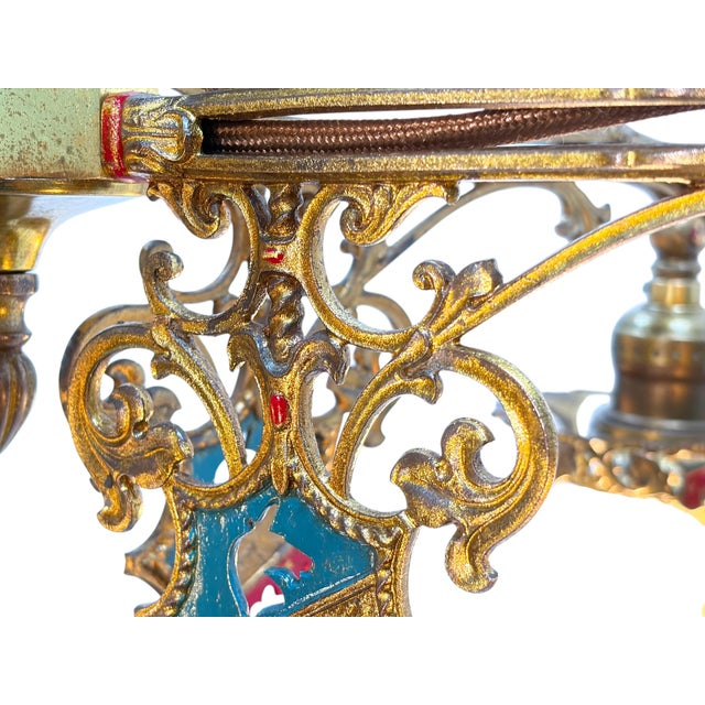 1910s Cast Brass Semi Flush Ceiling Light With Red and Blue Embellishments Circa 1915 For Sale - Image 16 of 16