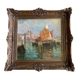 Early 20th Century "Saint Marks, Italy" Maritime Harbor Scene Oil Painting, Framed For Sale